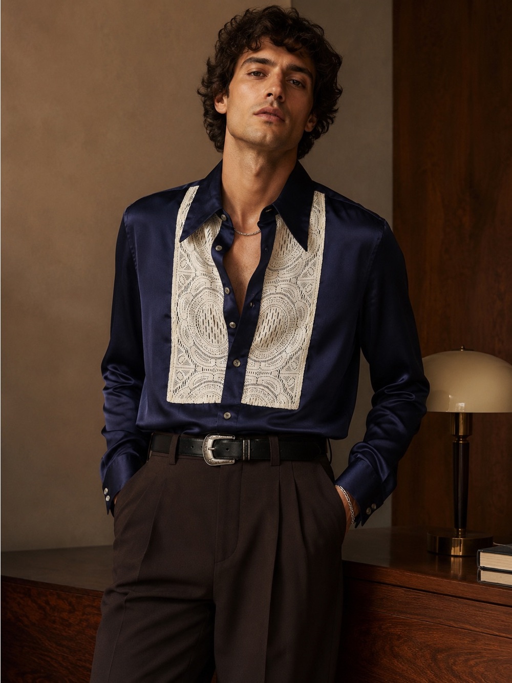 ASOS Design Navy Satin Lace Bib Shirt 70s Retro Glam Dagger Collar Mens Large